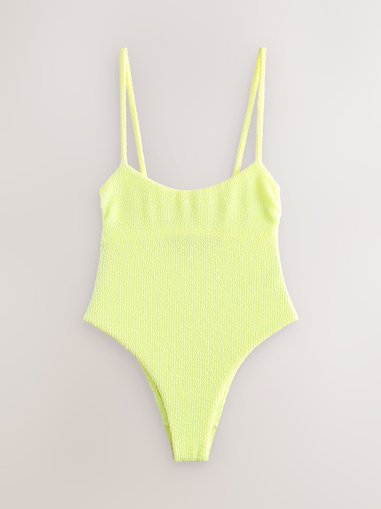self. Lime Green Crinkle High Leg Tummy Control Scoop Swimsuit - Image 1 of 4