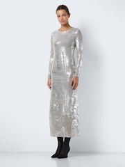 NOISY MAY Silver Long Sleeve Mesh Maxi Party Dress - Image 1 of 3