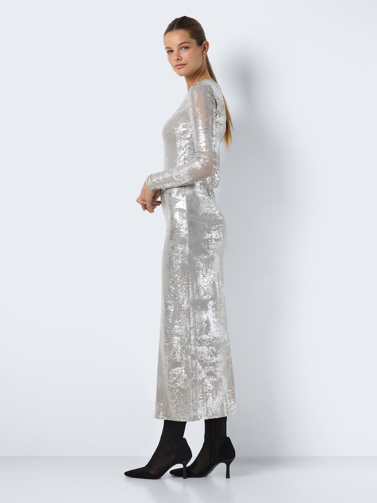 NOISY MAY Silver Long Sleeve Mesh Maxi Party Dress - Image 3 of 3
