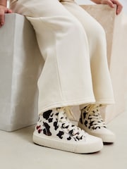 White/Brown Cow Printed Standard Fit (F) Lace-Up High Top Trainers - Image 1 of 7