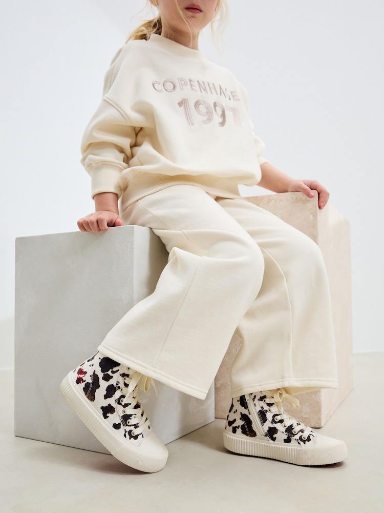 White/Brown Cow Printed Standard Fit (F) Lace-Up High Top Trainers - Image 2 of 7