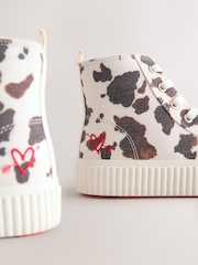 White/Brown Cow Printed Standard Fit (F) Lace-Up High Top Trainers - Image 5 of 7