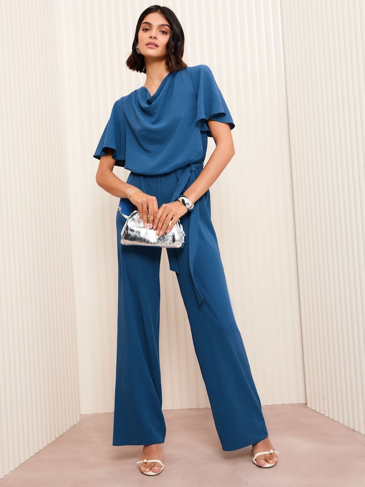 Friends Like These Blue Cowl Neck Angel Sleeve Jumpsuit - Image 3 of 4