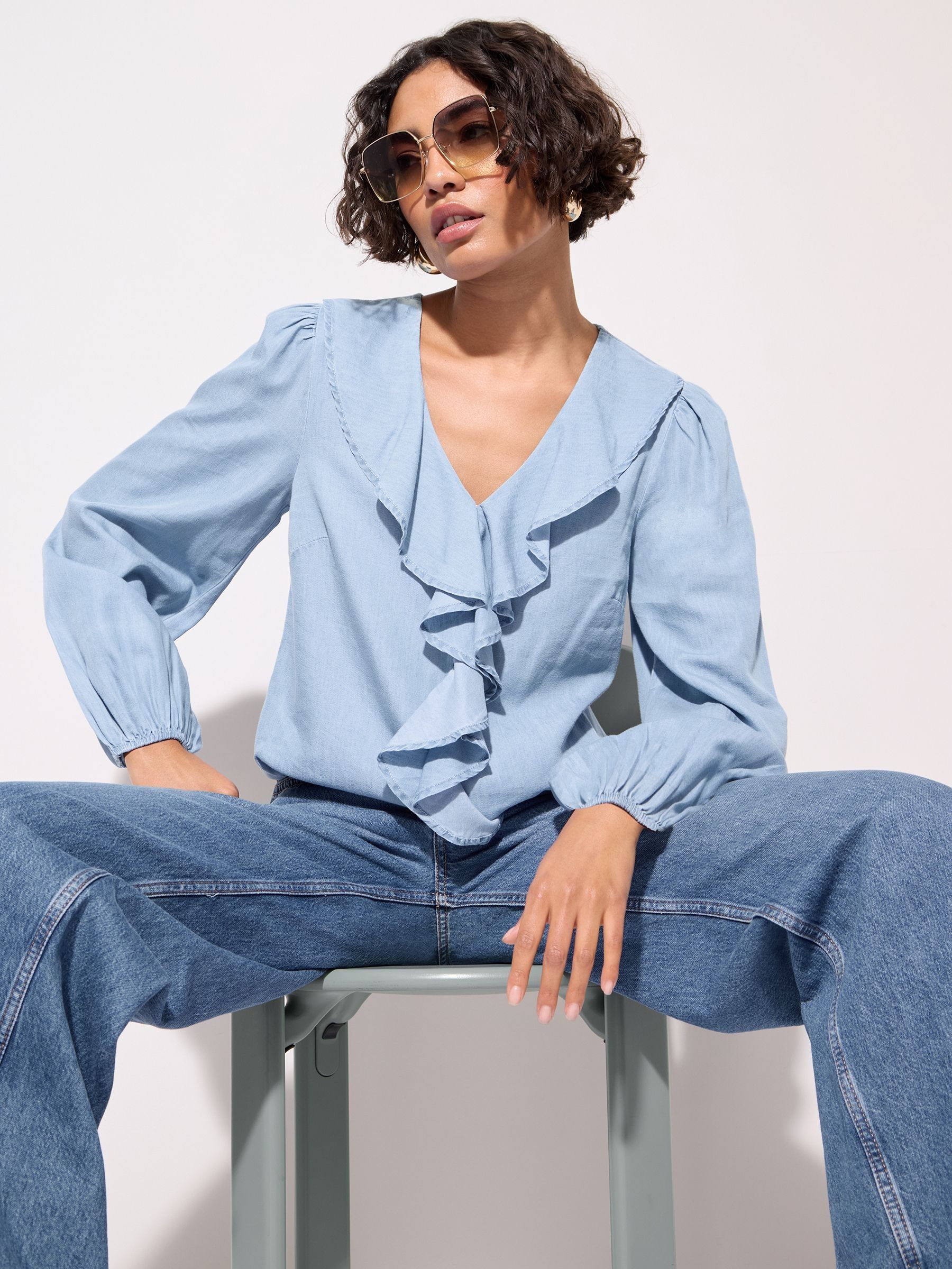 Friends Like These Mid Blue Chambray Long Sleeve Ruffle Blouse