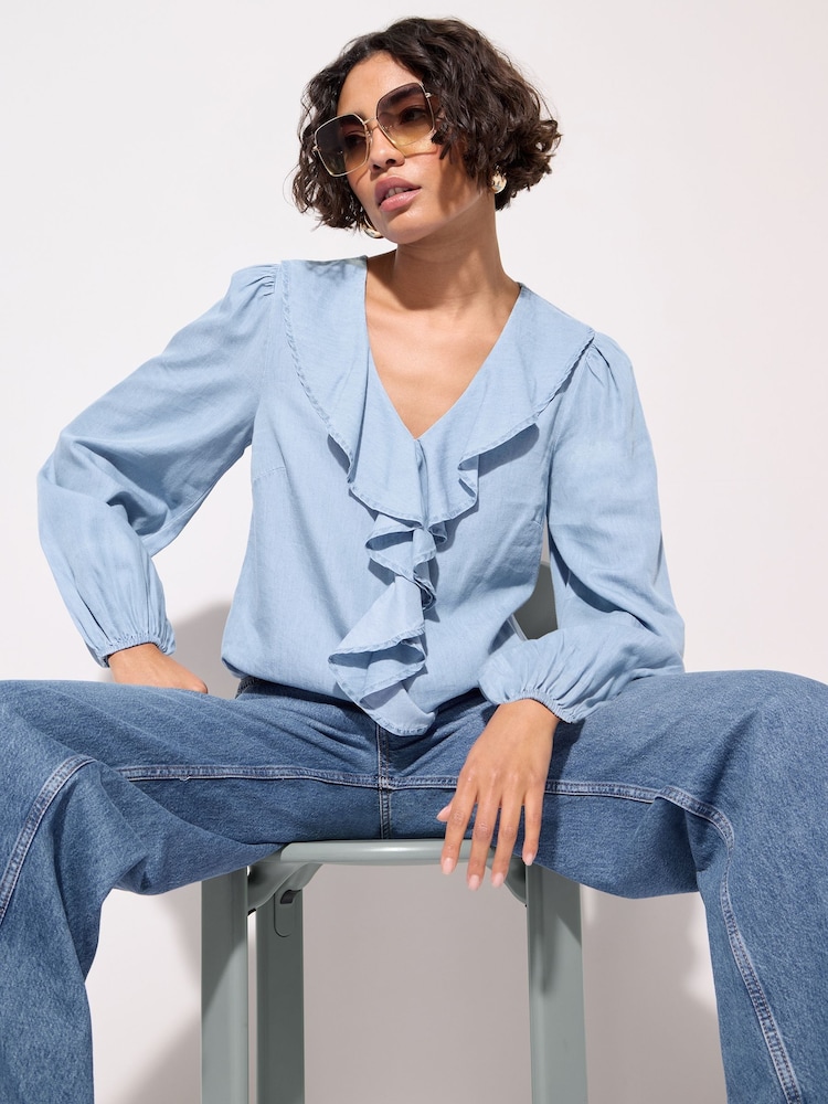 Blusa de manga comprida com babados Friends Like These Chambray - Imagem 1 de 4