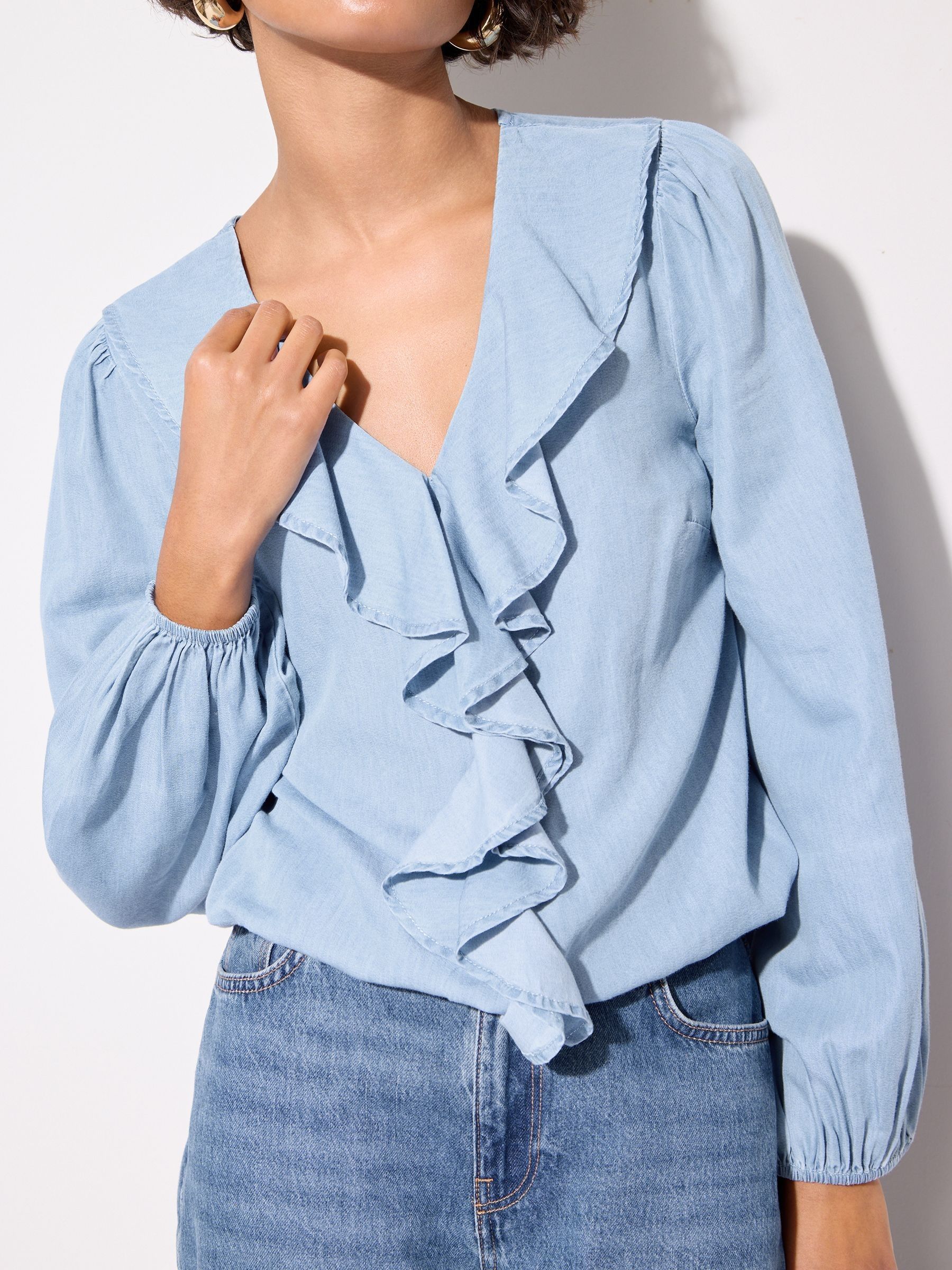 Buy Friends Like These Mid Blue Chambray Long Sleeve Ruffle Blouse