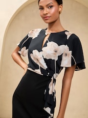 Lipsy Black Floral Flutter Sleeve Tie Side Midi Dress - Image 2 of 4