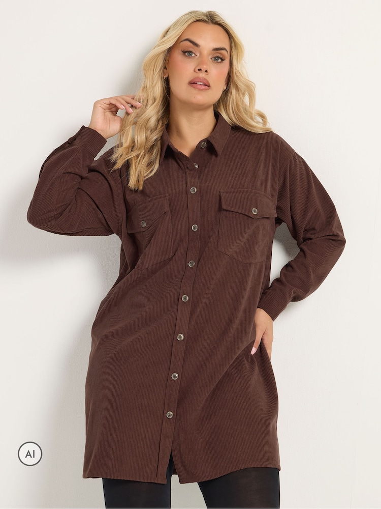 Yours Curve Brown Button Through Corduroy Dress - Image 1 of 7