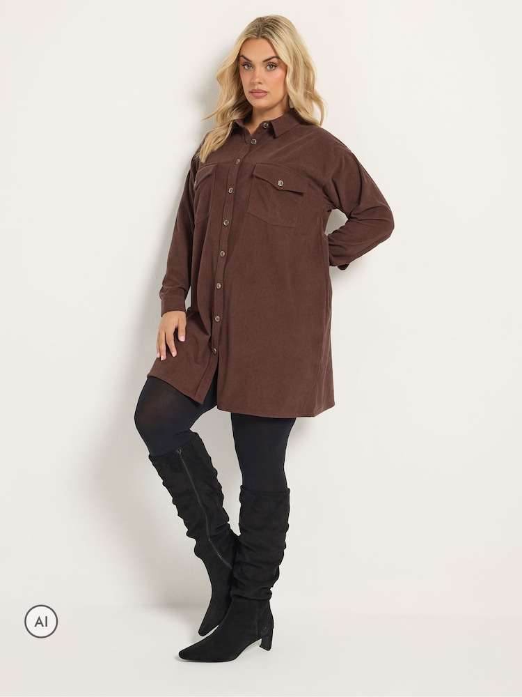 Yours Curve Brown Button Through Corduroy Dress - Image 2 of 7