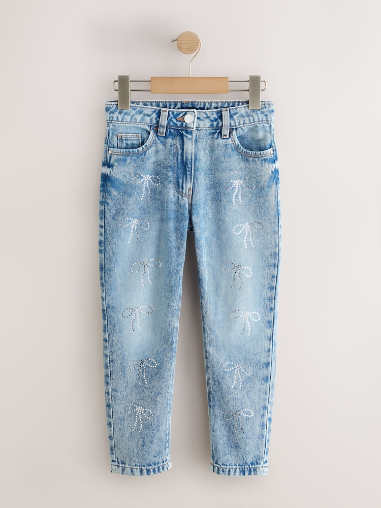 Mid Blue Denim Embellished Bow Mom Jeans (3-16yrs) - Image 1 of 5 Mid Blue Denim Embellished Bow Mom Jeans (3-16yrs) - Image 1 of 5