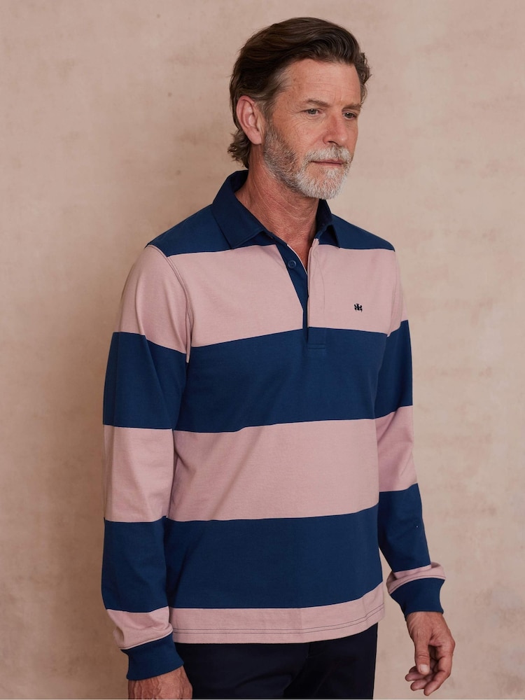 Camisa gruesa de punto de algodón 100 % estilo suéter de rugby con diseño a rayas en rosa y azul de The Savile Row Company - Imagen 1 de 4