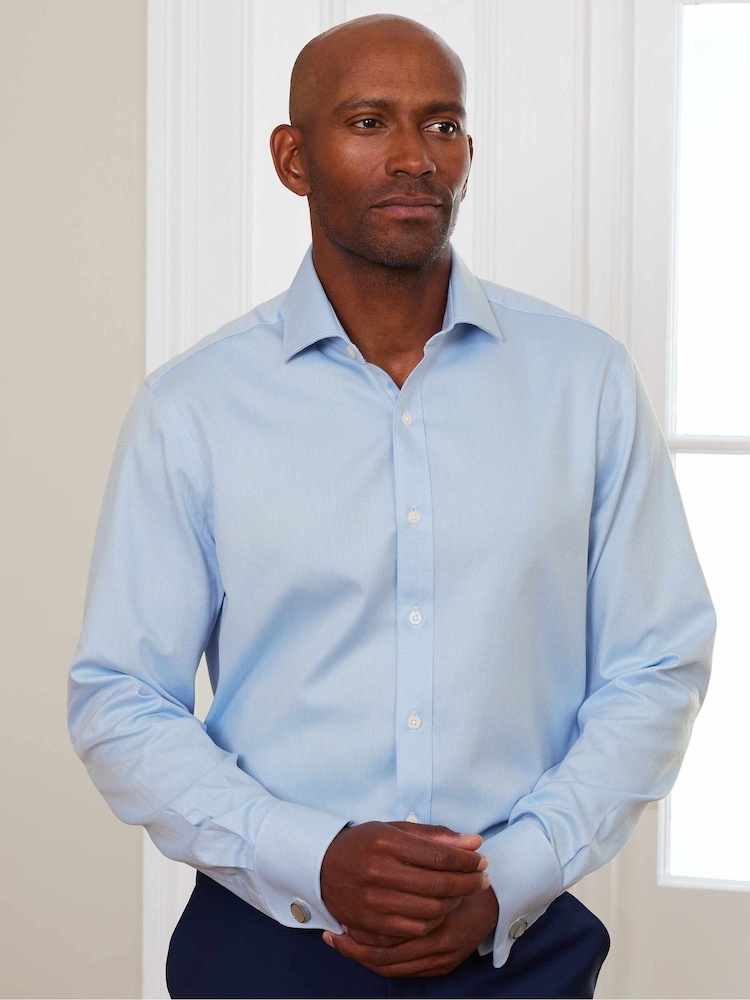 Синий - The Savile Row Company Slim Fit 100% Cotton Herringbone Formal Shirt - Image 2 of 5