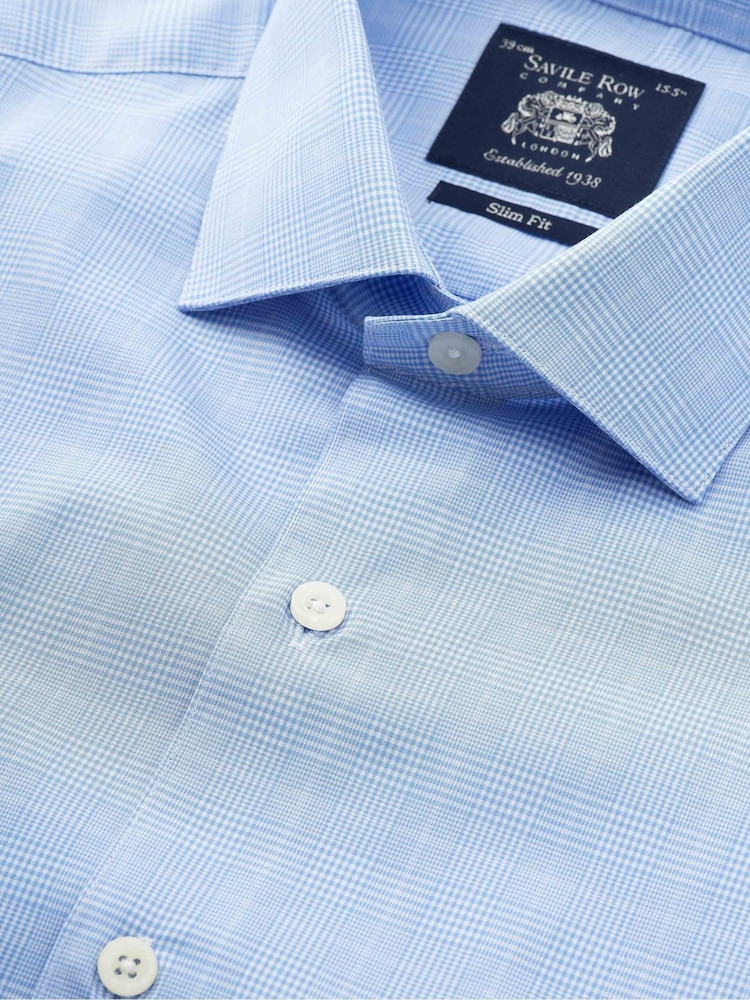 The Savile Row Company Slim Fit Blue 100% Cotton Check Formal Shirt - Image 8 of 8