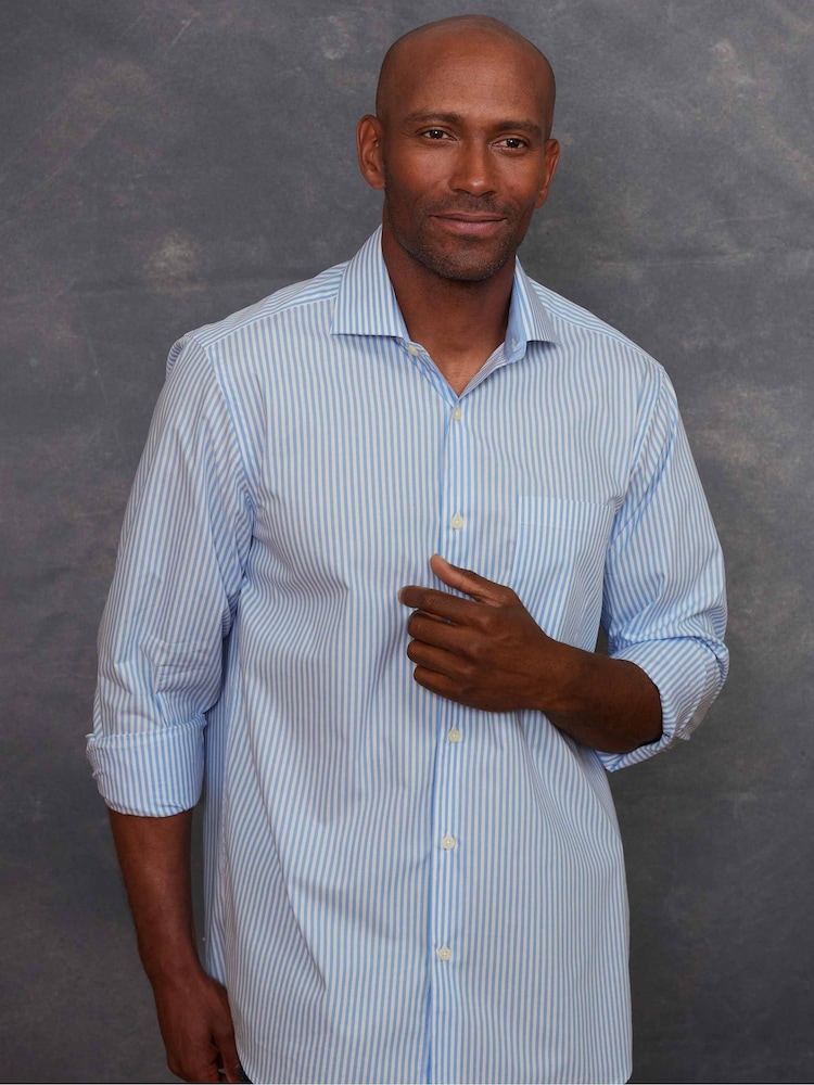 The Savile Row Company Blue 100% Cotton Stripe Classic Fit Smart Casual Shirt - Image 2 of 6
