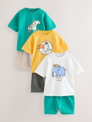 Multi Safari 100% Cotton Short Sleeve T-Shirts & Shorts Set 3 Pack (3mths-7yrs) - Image 1 of 8