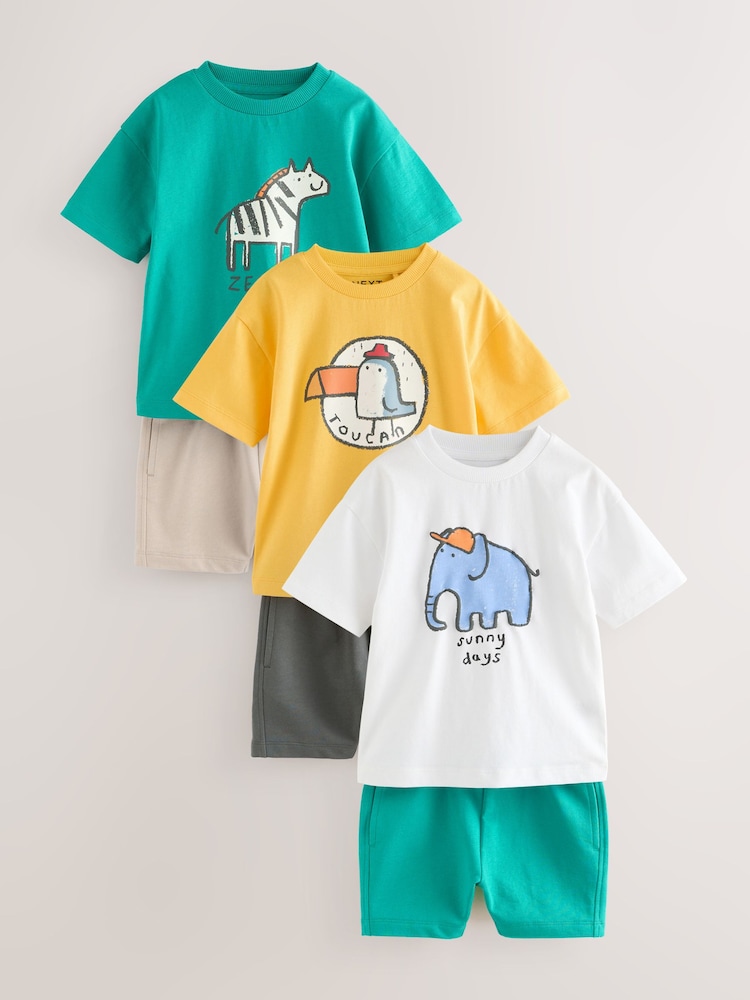 Multi Safari 100% Cotton Short Sleeve T-Shirts & Shorts Set 3 Pack (3mths-7yrs) - Image 1 of 8