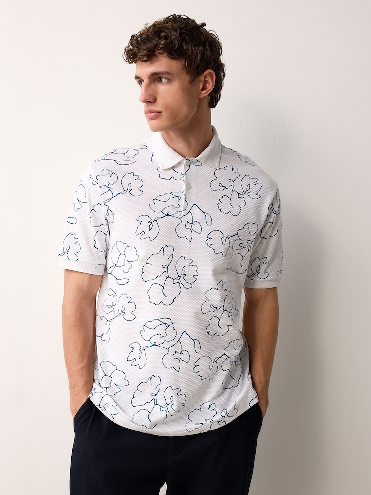 White/Blue Short Sleeve Print Polo Shirt - Image 1 of 7
