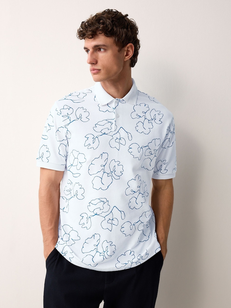 White/Blue Short Sleeve Print Polo Shirt - Image 1 of 7 White/Blue Short Sleeve Print Polo Shirt - Image 1 of 7