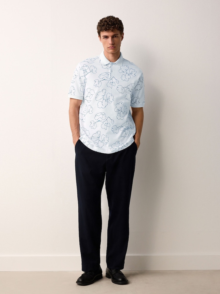 White/Blue Short Sleeve Print Polo Shirt - Image 2 of 7 White/Blue Short Sleeve Print Polo Shirt - Image 2 of 7