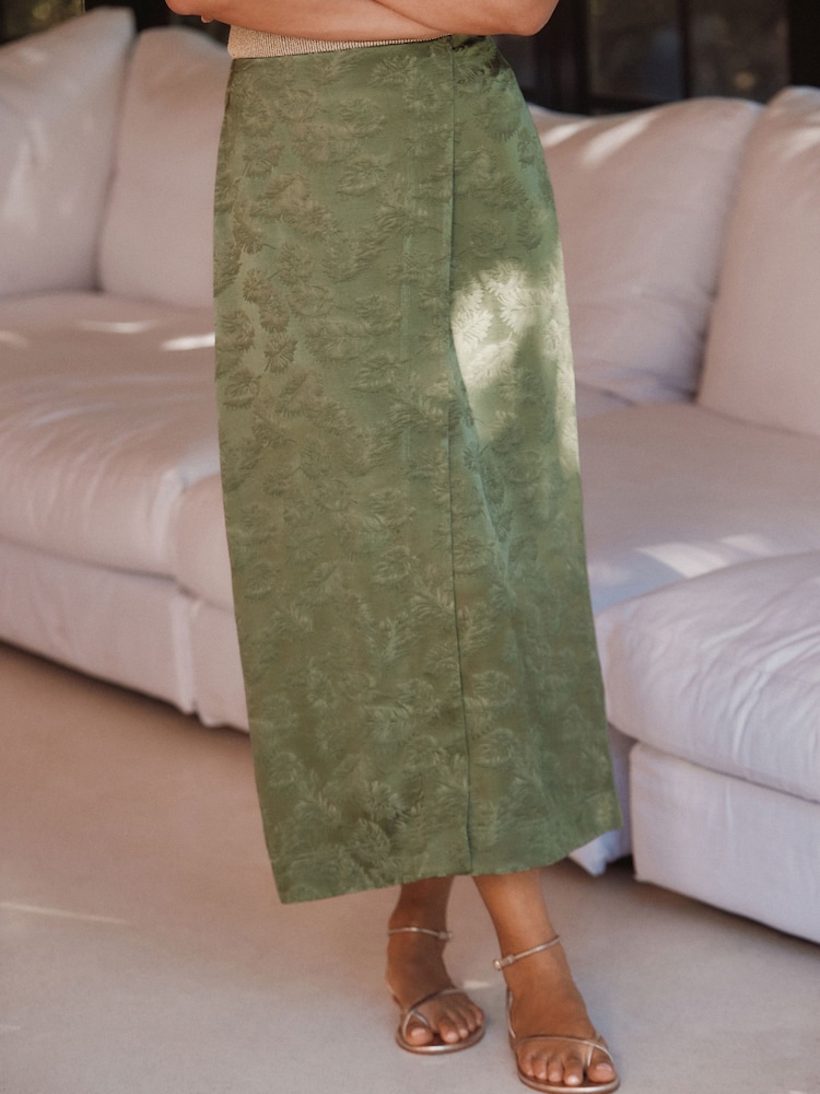 Khaki Green Satin Jacquard Midi Sarong Skirt - Image 2 of 8