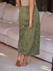 Khaki Green Satin Jacquard Midi Sarong Skirt - Image 3 of 8