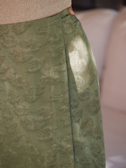 Khaki Green Satin Jacquard Midi Sarong Skirt - Image 5 of 8