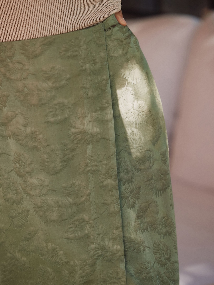 Khaki Green Satin Jacquard Midi Sarong Skirt