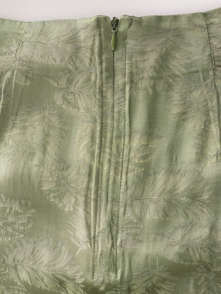 Khaki Green Satin Jacquard Midi Sarong Skirt - Image 8 of 8