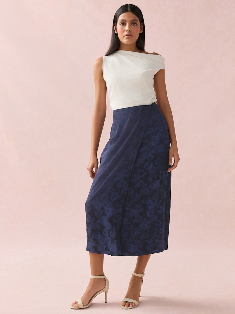 Navy Satin Jacquard Midi Sarong Skirt - Image 1 of 8
