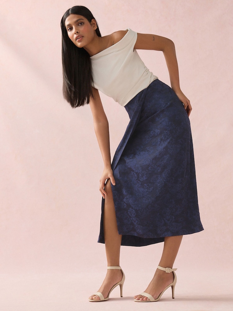 Navy Satin Jacquard Midi Sarong Skirt - Image 2 of 8