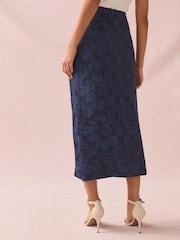 Navy Satin Jacquard Midi Sarong Skirt - Image 4 of 8