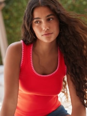 Red/Pink Contast Knit Trim Scoop Neck Sleeveless Tank Vest Top - Image 1 of 1