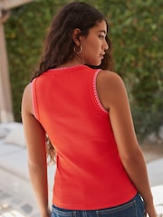 Red/Pink Contast Knit Trim Scoop Neck Sleeveless Tank Vest Top - Image 2 of 6