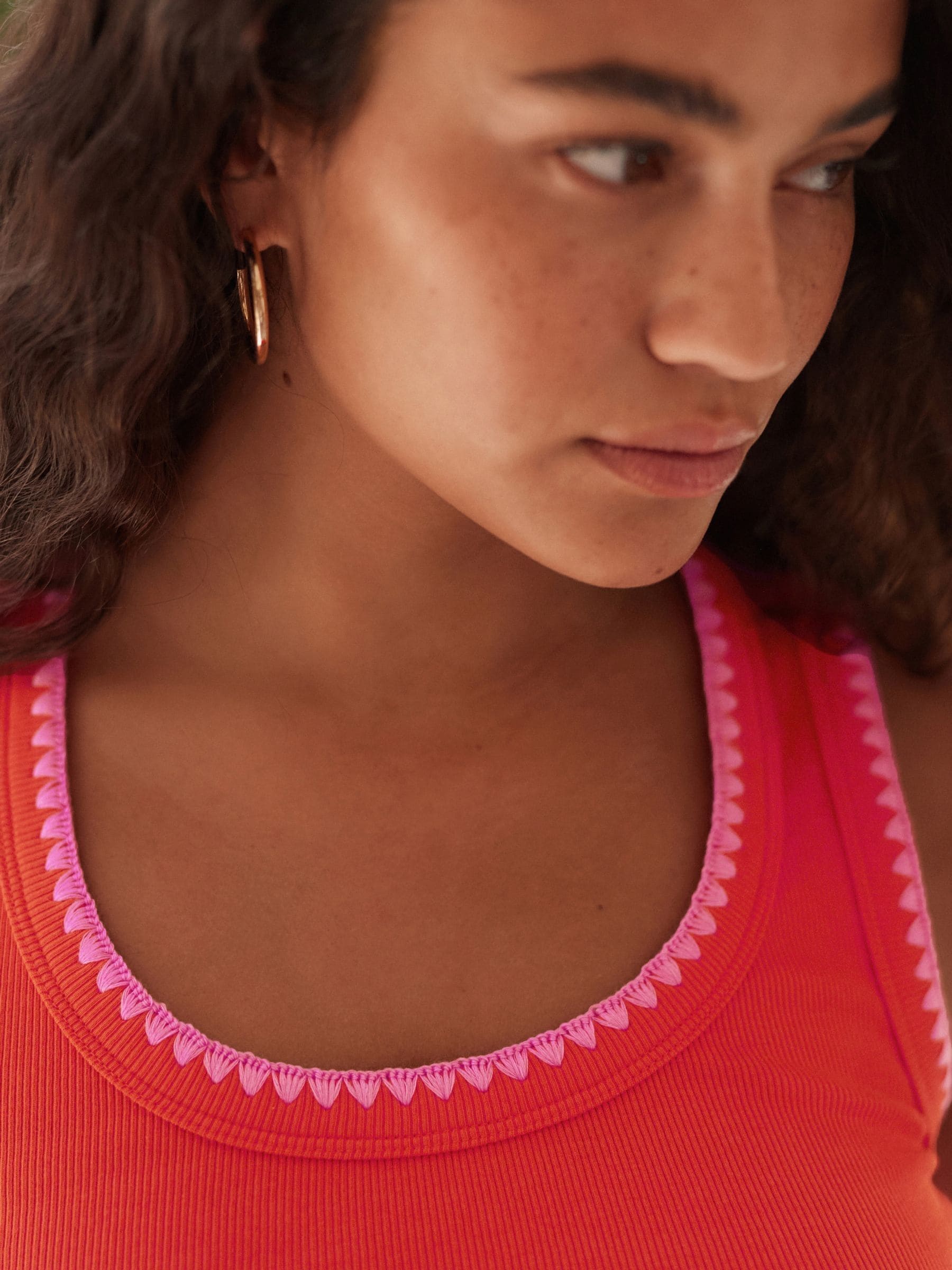 Buy Red/Pink Contast Knit Trim Scoop Neck Sleeveless Tank
