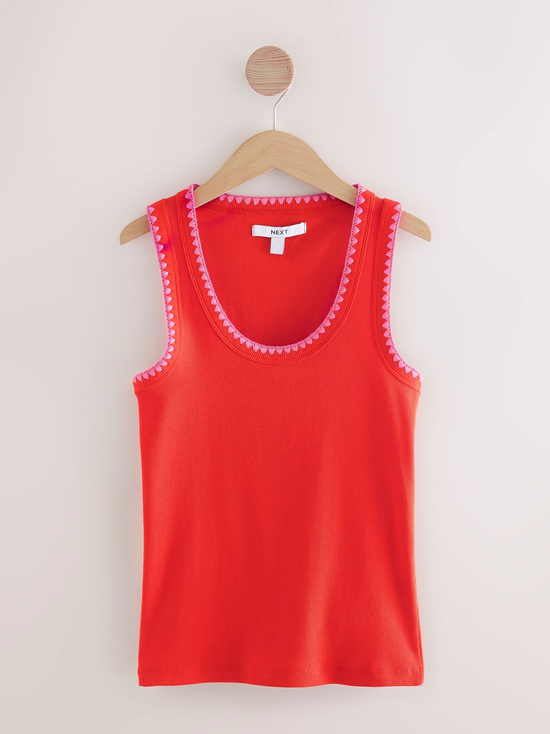 Buy Red/Pink Contrast Knit Trim Scoop Neck Sleeveless Tank