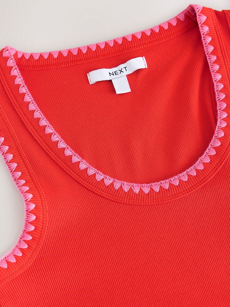 Red/Pink Contast Knit Trim Scoop Neck Sleeveless Tank Vest Top - Image 6 of 6