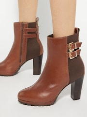 Dune London Brown Oreanix Double Buckle Block Heel Boots - Image 1 of 5