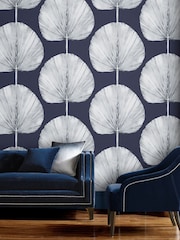 Graham & Brown Navy Palm Fan A4 Wallpaper Sample - Image 1 of 3