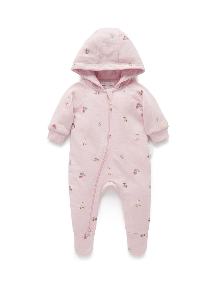 Purebaby Pink Embroidered Fleecey 100% Cotton Pramsuit - Image 1 of 4 Purebaby Pink Embroidered Fleecey 100% Cotton Pramsuit - Image 1 of 4