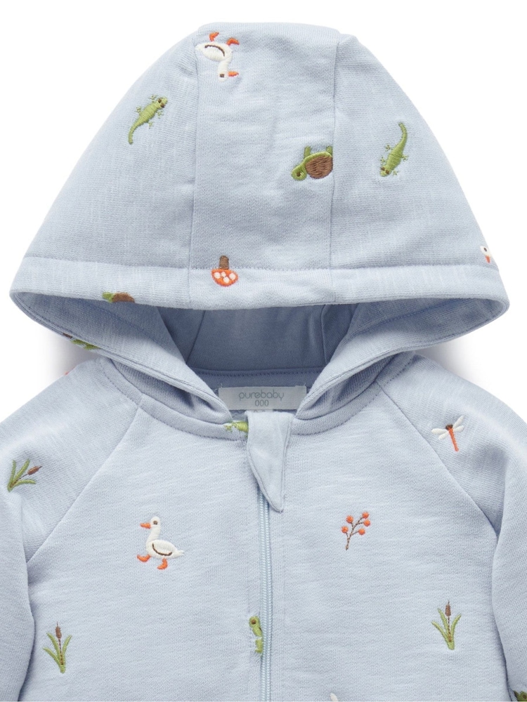 Purebaby Blue Embroidered Fleecey 100% Cotton Pramsuit - Image 2 of 4 Purebaby Blue Embroidered Fleecey 100% Cotton Pramsuit - Image 2 of 4