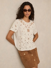 Reiss Ivory Iyla Floral Cut-Out Embroidery Top - Image 1 of 6