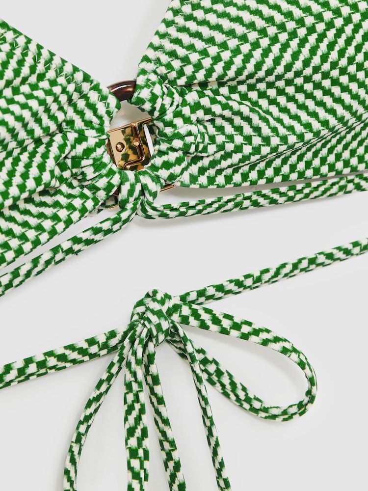 Reiss Green/White Kai Chequered-Print Triangle Bikini Top - Image 6 of 6