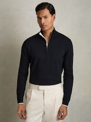 Reiss Navy Swinley Cotton Blend Half Zip Jumper - Image 1 of 7