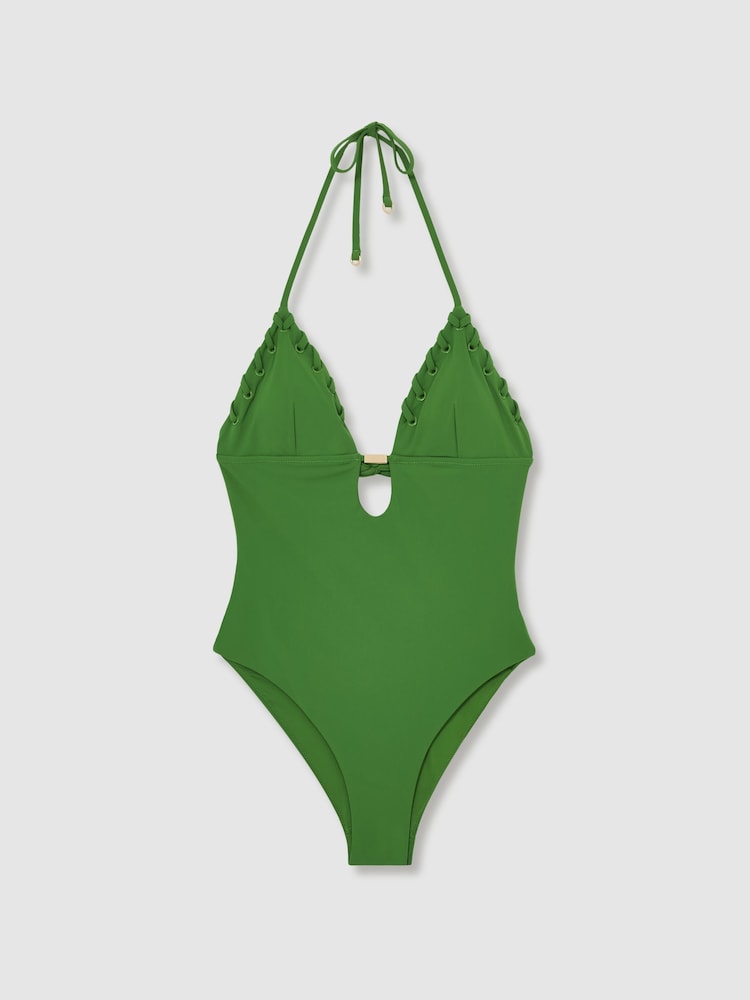 Reiss Green Nicole Whipstitch Halterneck Swimsuit - Image 2 of 5