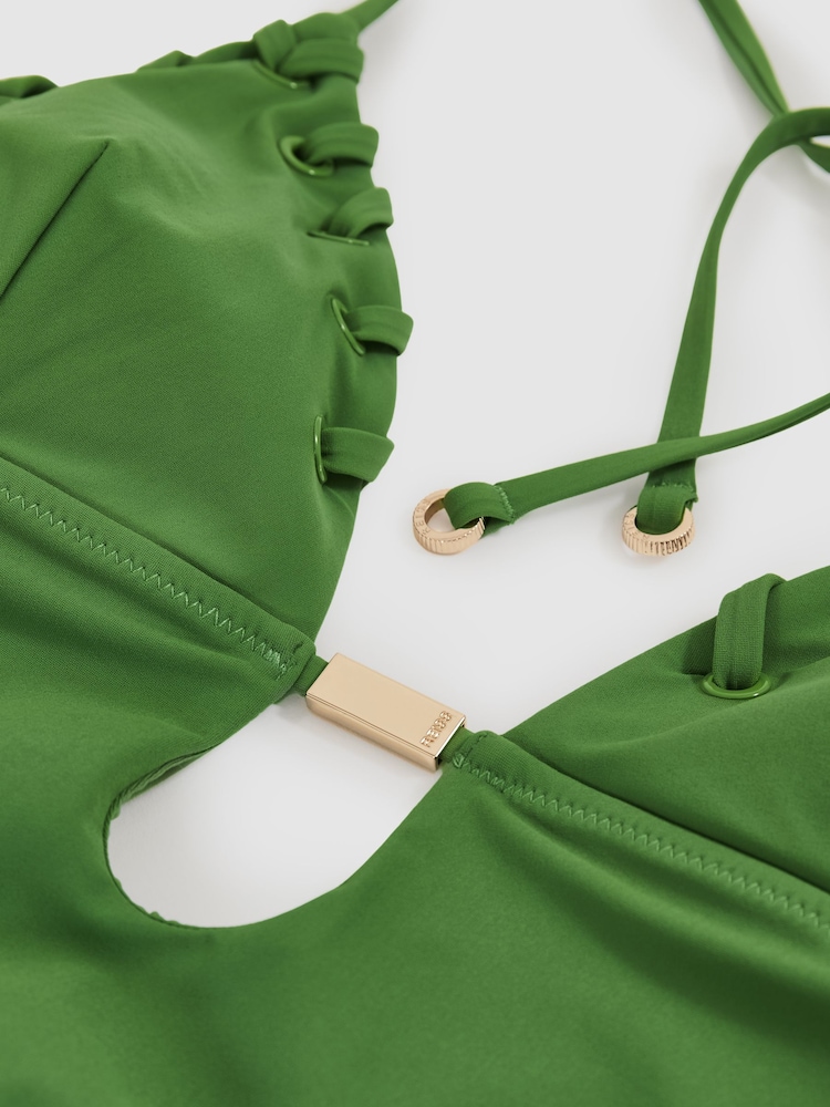 Reiss Green Nicole Whipstitch Halterneck Swimsuit - Image 5 of 5