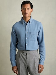 Indigo modra - Reiss Kittle denim Piqué z gumbi po celotni dolžini srajce - Slika 1 iz 6