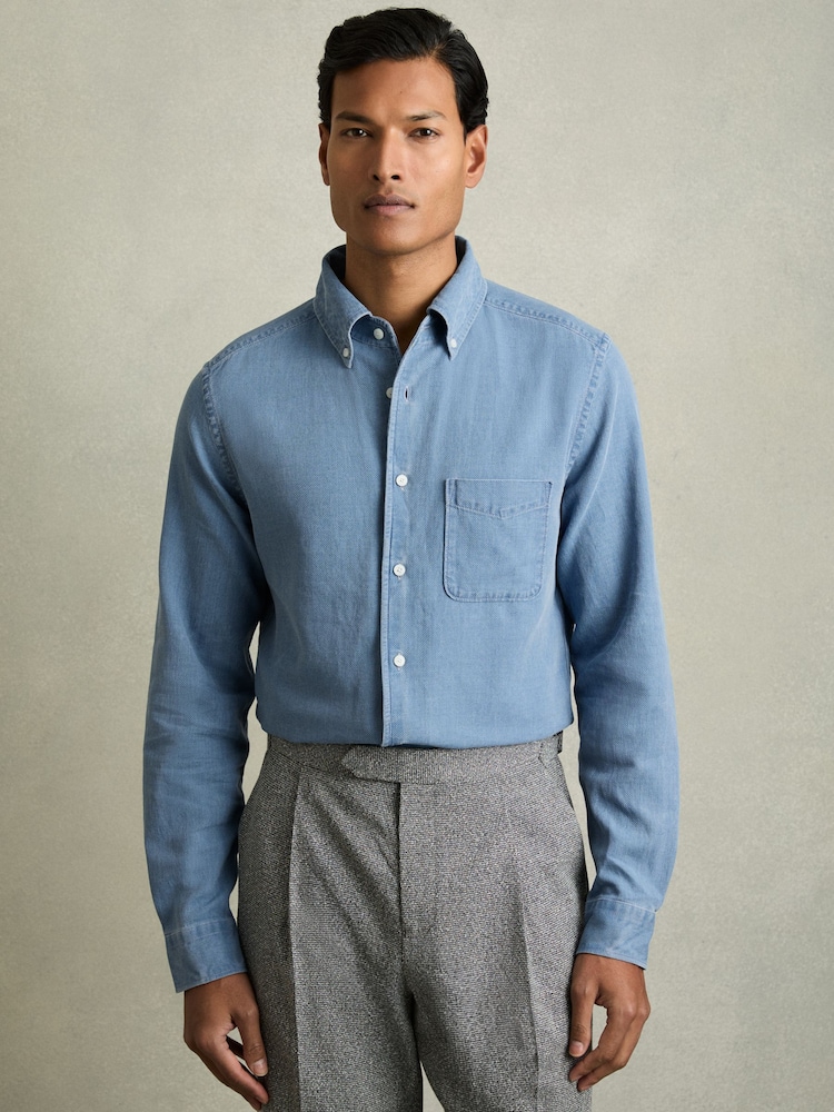 Indigo modra - Reiss Kittle denim Piqué z gumbi po celotni dolžini srajce - Slika 1 iz 6