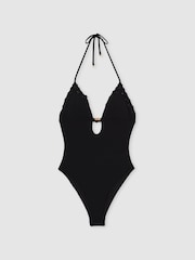 Reiss Black Nicole Whipstitch Halterneck Swimsuit - Image 2 of 6