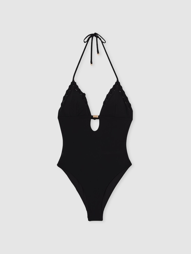 Reiss Black Nicole Whipstitch Halterneck Swimsuit - Image 2 of 6