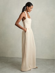 Reiss Cream Viola Embroidery Halterneck Wide-Leg Jumpsuit - Image 1 of 8
